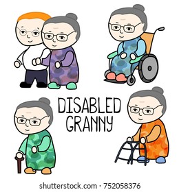 Disabled old woman with mobility problem. Elder age medical care  vector clipart on white background. Senior age woman on wheelchair. Granny with stick and walker. Aged woman with doctor or adult son