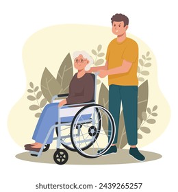 Disabled old woman in wheelchair with young man for care job illustration