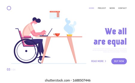 Disabled Online Income Landing Page Template. Man Sit on Wheelchair Working on Laptop. Handicapped Male Character Freelance Worker Earning Money in Internet, Distant Job. Cartoon Vector Illustration