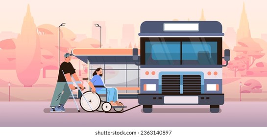 disabled passengers getting on bus with help of ramp people in wheelchair in friendly city environment accessible travel concept