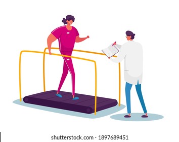 Disabled Patient, Exercises, Physiotherapy Procedure. Rehabilitating Physical Activity, Therapy Rehabilitation. Therapist Doctor Character Working with Woman. Cartoon People Vector Illustration