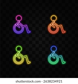 Disabled patient line icon. neon style. symbol of person in wheelchair. Disabled man outlines vector icon. Can be used as a bathroom sign or transportation sign.