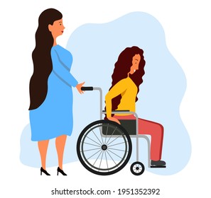 Disabled patient in wheelchair and female doctor isolated. Woman transporting person walk in hospital. Medicine service. Rehabilitation. Healthcare concept. Vector illustration in flat cartoon style.