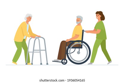 Disabled patients with a nurse. Meeting of an elderly couple in a nursing home, a woman with a walker, a man in a wheelchair.