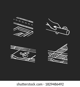 Disabled pedestrian facilities chalk white icons set on black background. Safe pedestrian crosswalk. Modern wall mounted handrails. Tenji blocks. Isolated vector chalkboard illustrations