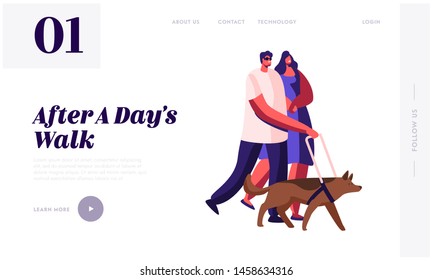 Disabled Pedestrians Website Landing Page, Blind Man Walking with Guide Dog, Cane and Woman Hold his Hand. Handicapped Character Walk in City Street Web Page. Cartoon Flat Vector Illustration, Banner