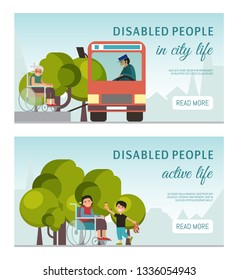 Disabled peolple active life banner handicapped children old people in wheelchair vector illustration. Disability care concept. Handicap person friend flyer. Elderly patient invalid servise.