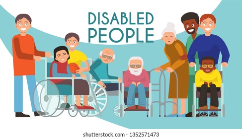 Disabled peolple active life banner handicapped children old people in wheelchair vector illustration. Disability care concept. Handicap person wheelchair friend flyer. Elderly patient invalid servise