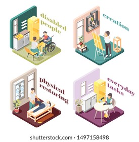 Disabled people 2x2 design concept with physical restoring creation everyday tasks isometric compositions vector illustration