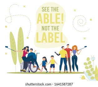 Disabled People Active and Full Life Trendy Flat Vector Concept. Paraplegic Man in Wheelchair, Disabled Teenager, Children with Limb Prosthesis Standing Together, Shooting Mobile Selfie Illustration