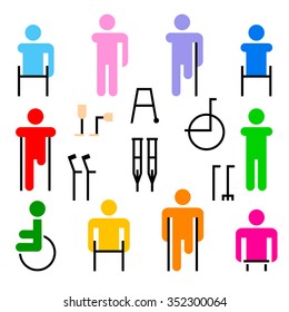 Disabled people with the amputated extremities and means of rehabilitation. Set of color vector icons.