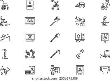 Disabled people assistance icons collection is a vector illustration with editable stroke.