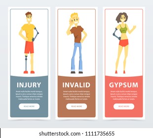 Disabled people banners set, deaf man, woman and man with artificial limbs, injury, invalid, gypsum flat vector ilustrations, element for website or mobile app