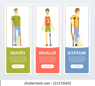 Disabled people banners set, injury, invalid, gypsum flat vector ilustrations, element for website or mobile app