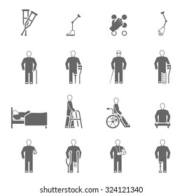 Disabled people black white icons set with damaged limbs prosthesis and canes symbols flat isolated vector illustration 