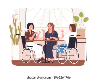 Disabled people in cafe. Concept of wheelchair users inclusion. Diverse friends chatting at table in coffee shop. Young modern women in wheel chair. Flat vector illustration isolated on white