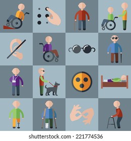 Disabled people care assistance and accessibility icons set isolated vector illustration