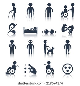 Disabled people care assistance and facilities black icons set isolated vector illustration