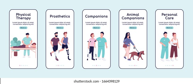 Disabled people care and companions onboarding mobile app screen flat vector template. Walkthrough website steps with characters. UX, UI, GUI smartphone cartoon interface, case prints set