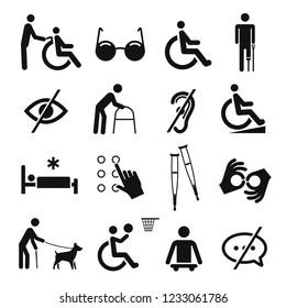 Disabled People Care And Disability Icon Set. Help Symbols For Men In Bad Physical Or Mental Condition. Vector Line Art Illustration Isolated On White Background