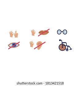 Disabled people care help, help and accessibility icons set of isolated vector illustrations. Hand-drawn icons for the convenience of people with disabilities. Social icons. Vector illustration