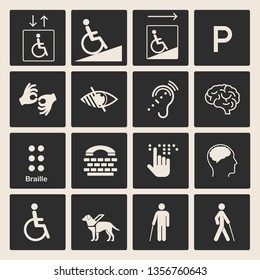 Disabled People Care Help Assistance And Accessibility Icons. Set Of Disability Icons: Mental, Physical, Sensory, Intellectual Disability Symbols. Isolated Vector Illustration.