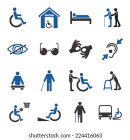 Disabled people care help assistance and accessibility icons set isolated vector illustration