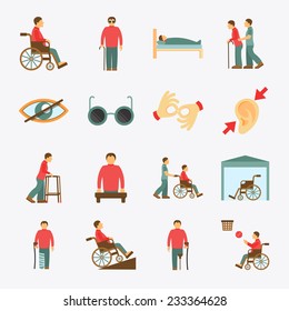 Disabled people care help assistance and accessibility flat icons set isolated vector illustration