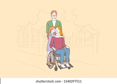 Disabled people care, love concept. Disabled woman with family in park, happy mother in wheelchair, wife walking with husband and daughter, smiling kid hugging handicapped mom. Simple flat vector