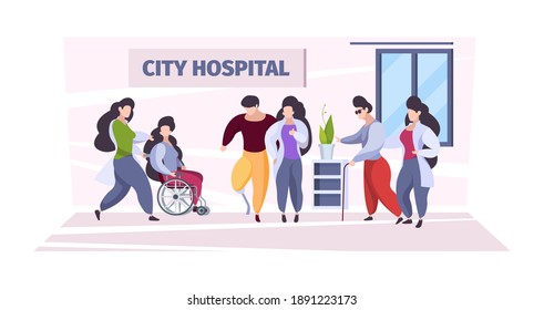 Disabled people care. Medical personal nurses and doctors helping to disabled persons in wheelchairs damages body parts garish vector background