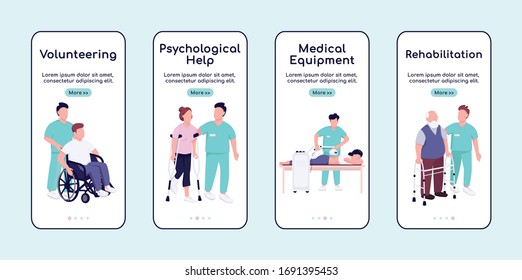 Disabled people care and rehabilitation onboarding mobile app screen flat vector template. Walkthrough website steps with characters. UX, UI, GUI smartphone cartoon interface, case prints set