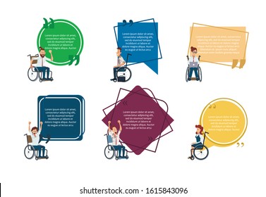 Disabled People Career Opportunity Trendy Flat Vector Banners, Posters Set. Happy Smiling Men, Women in Wheelchair, Disabled Employees Celebrating Success in Work, Achievement in Career Illustration