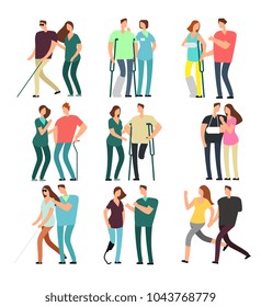 Disabled people with caring friends. Handicapped persons and medical assistants. Character disability patient walking, assistance and care friend. Vector illustration