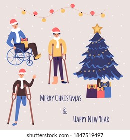 Disabled people are celebrating Christmas and New Year and smile happily. Guy in a wheelchair, guy with an amputated leg, guy in a cast on crutches. Christmas tree with gifts. Colorful cartoon vector 