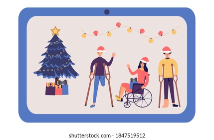 Disabled people are celebrating Christmas and New Year online and smile happily. Girl in wheelchair, guy with amputated leg, guy in cast on crutches. By video communication via laptop. Cartoon vector