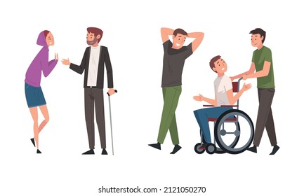Disabled People Character Spending Good Time with Their Friends Vector Set