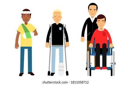 Caracteres de personas deshabilitadas y conjunto de ilustraciones de vectores de asistencia