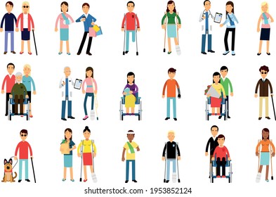 Disabled People Characters and Assistance Vector Illustration Set