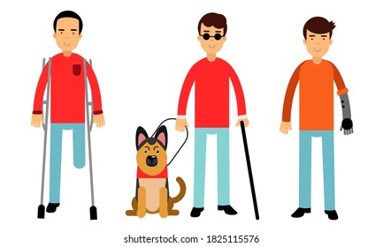 Caracteres de personas deshabilitadas Obteniendo ayuda y conjunto de ilustraciones de vectores de asistencia