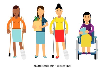 Disabled People Characters Getting Help and Assistance Vector Illustration Set