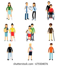 Disabled people characters, handicapped men and women getting medical treatment, health care assistance and accessibility vector Illustrations