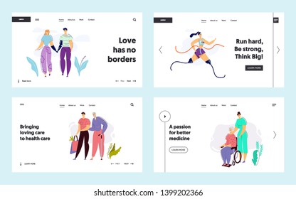 Disabled People Characters with Prosthesis Landing Page Template. Elderly People in Nursing Home with Nurse. Caring for Senior Patient in Clinic Website Banner. Vector flat illustration