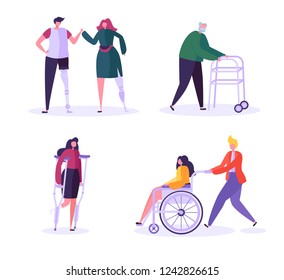 Disabled People Characters. Woman in Wheelchair with Careful Man. Patients with Disabilities, Girl on prostheses. Recovering and Rehabilitation. Vector illustration