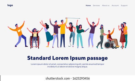 Disabled people community. Group of handicapped men and women with friend or volunteers. Flat vector illustrations. Diversity, communication concept for banner, website design or landing web page