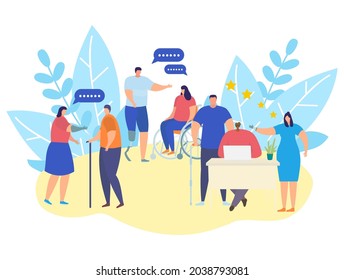 Disabled people community service, vector illustration, flat people character help each other, talk, support together, man with leg prosthesis