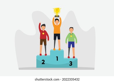 Disabled people competition vector concept: Disabled man winning the competition while holding gold trophy