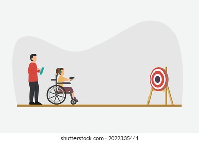 Disabled People Competition Vector Concept: Disabled Female Athlete Shooting Bullseye In Competition While Sitting On The Wheelchair