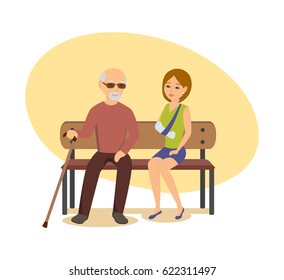 Disabled people concept. An elderly man with a cane in his hand sits on a bench next to a young girl whose arm is broken. Modern vector illustration isolated in cartoon style.