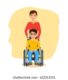 Disabled people concept. A guy in glasses, sitting in an armchair, next to him is his friend, who supports him and looks after him. Modern vector illustration isolated in cartoon style.