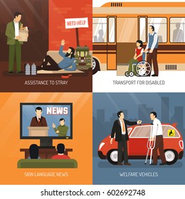 Disabled people concept icons set with transport for disabled symbols flat isolated vector illustration 